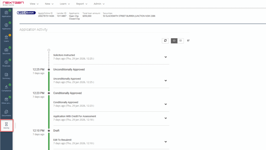 a screenshot of the Activity tab in the ApplyOnline platform