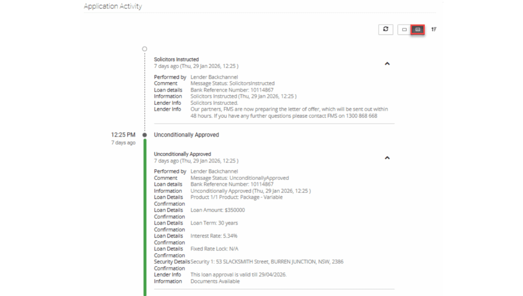 a screenshot shows detailed information on an application timeline in the Activity tab in ApplyOnline